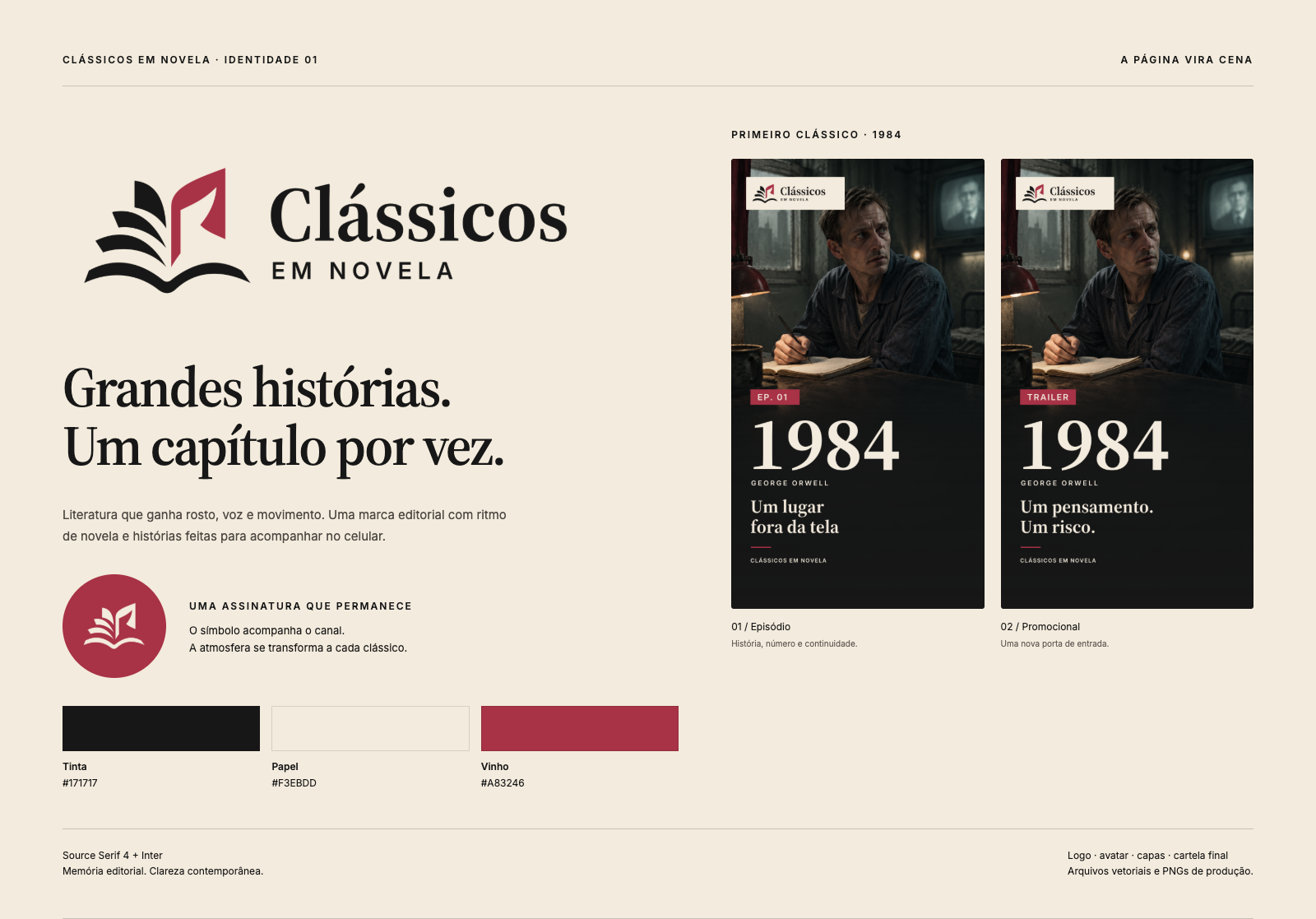 Original v1 identity board for Clássicos em Novela: logo, 1984 covers and palette