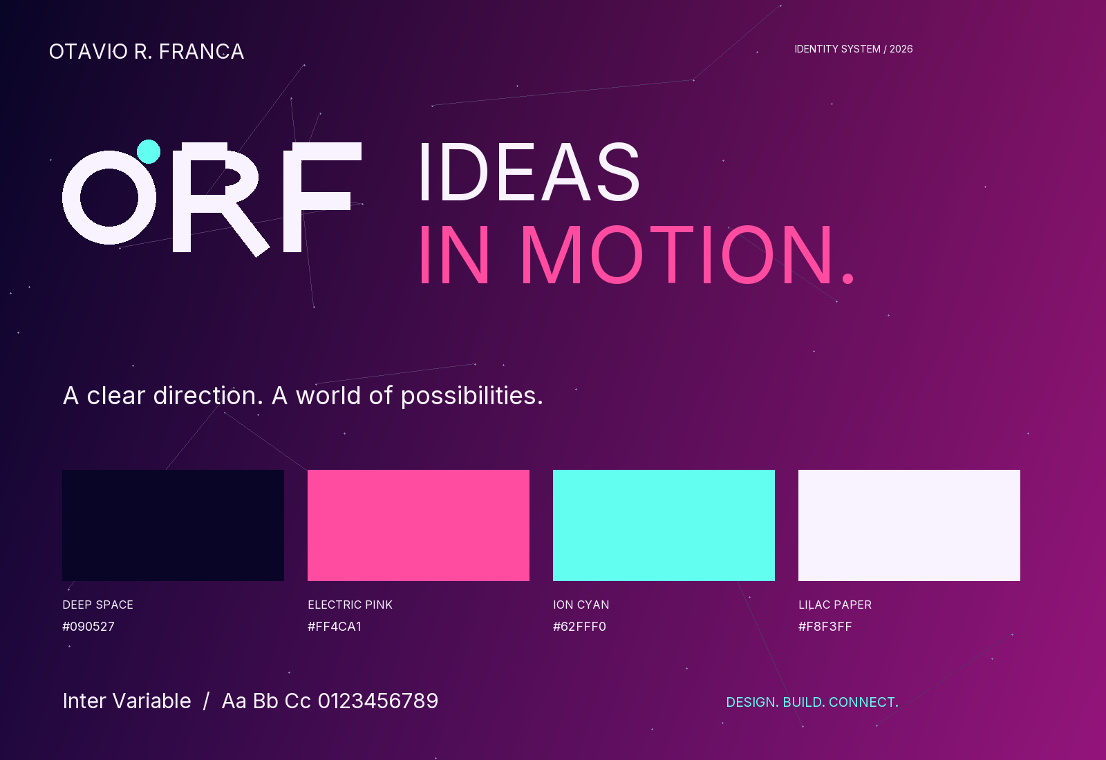 Otavio R. Franca identity board: ORF mark, pink and cyan palette, typography