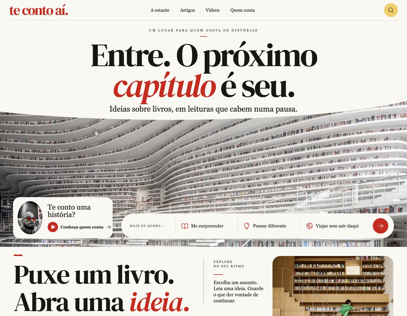 Real screenshot of the Te Conto Aí homepage, with editorial title and library