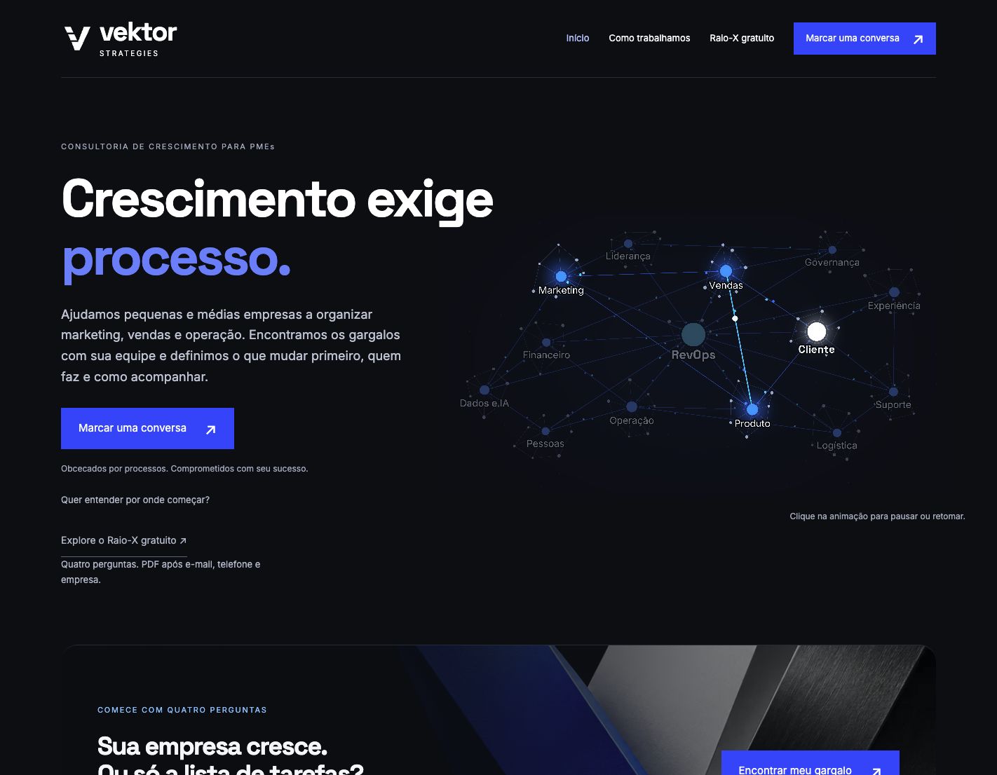 Real screenshot of the published Vektor site, with the phrase Growth requires process and an animated graph